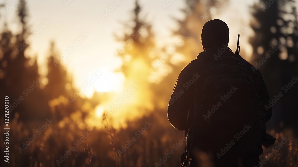 Poster silhouette of a man walking in a field during a golden sunrise with trees in background : generative