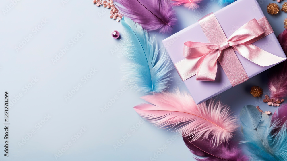 Poster gift box and feathers frame on light background banner background copy space. congratulation with ho