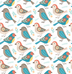 Seamless background with abstract birds and flowers. Cute summer pattern in folk style 