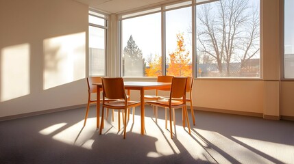 Fototapeta premium Sunny Autumn Room Interior with Wooden Table and Chairs