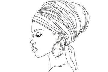 Black girl in a turban in profile with an earring.Coloring book antistress for children and adults.