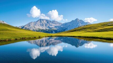 Fototapeta premium A mountain lake nestled in a valley, its still waters reflecting the surrounding peaks like a mirror, creating a serene and tranquil scene.