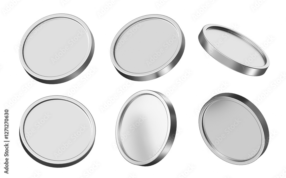 Aufkleber silver coin 3d illustration. set of coins in different view. 3d rendering of metallic coins for busi