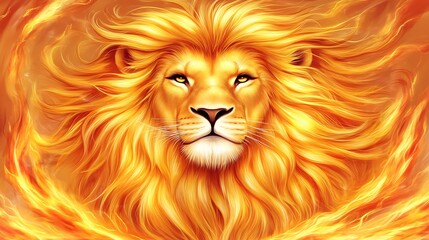Fototapeta premium Fiery Lion Majestic Portrait Warm Golden Hues. AI Generated