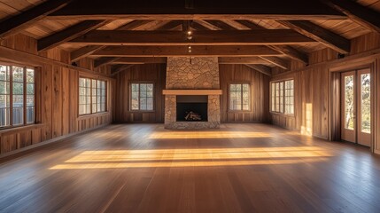 Rustic wooden interior with stone fireplace, large windows & hardwood floors. Ideal for showcasing home design, real estate, or cozy atmosphere concepts.