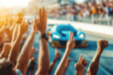 Blurred excited crowd cheering as sports car speeds by during a race event