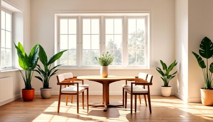 Interior of sunlit room with wooden floors and potted plants.