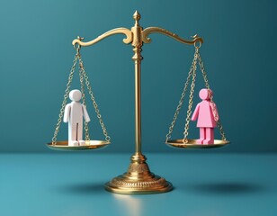 Scales hold male and female figurines, gender equality concept. Balance between man, woman. Equal opportunity, social justice idea. Human right to vote, fair elections and inclusive society.