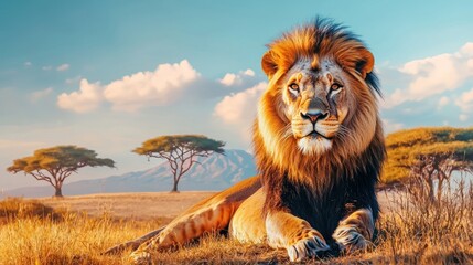 Majestic African Lion in Serengeti at Sunset