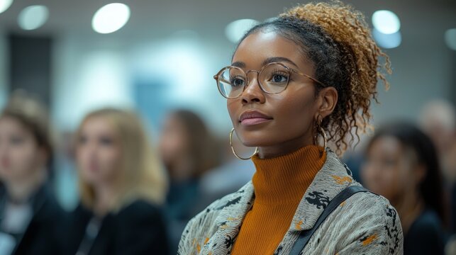 A group of professionals attending a workshop, listening attentively and taking notes, with a bright, modern office space as the background, in neutral tones with pops of color