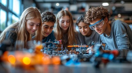 A group of students working on a science project in a classroom, building a model together with tools, papers, and a sense of teamwork and learning