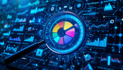 Obraz premium Close Up of Data Analytics Screen with Magnifying Glass and Pie Chart Displaying Colorful Data
