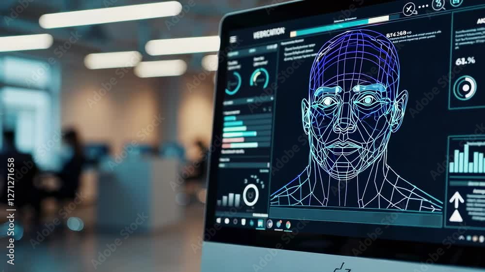 Poster Advanced facial recognition software analyzes a 3d wireframe model of a human head, changing colors during the verification process on a computer monitor in a blurred office environment