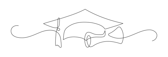 Graduation cap and scroll. Continuous line drawing.