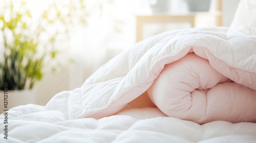 Aufkleber Cozy and Inviting Bedroom Scene Featuring a Soft Folded Comforter and Natural Light : Generative AI