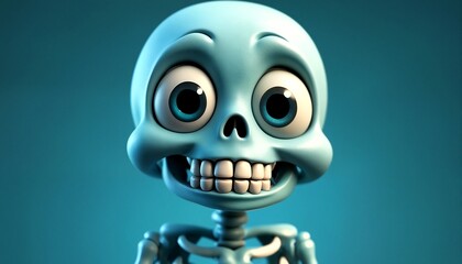 A cartoonish depiction of a blue skeleton with oversized eyes and a goofy grin.