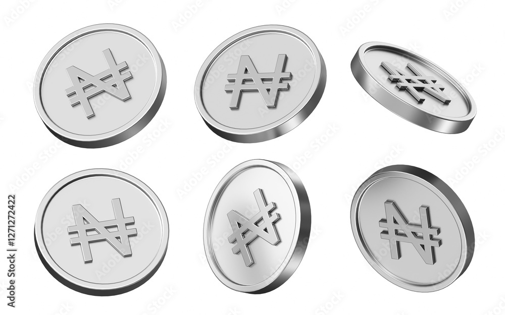Poster naira currency 3d illustration. set of coins in different view. 3d rendering of metallic coins for b