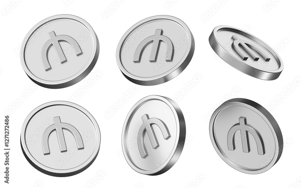 Poster manat currency 3d illustration. set of coins in different view. 3d rendering of metallic coins for b