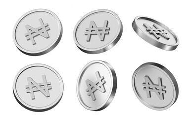 naira currency 3d illustration. set of coins in different view. 3d rendering of metallic coins for business and finance