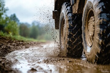 Off-road vehicle splashing through wet mud on a dirt track