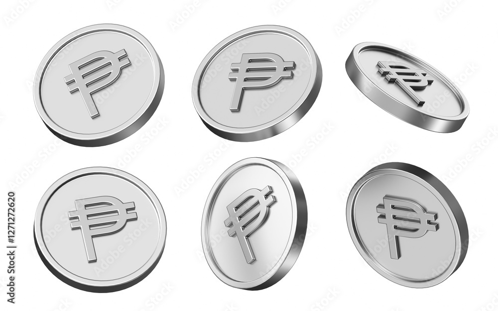 Poster peso currency 3d illustration. set of coins in different view. 3d rendering of metallic coins for bu