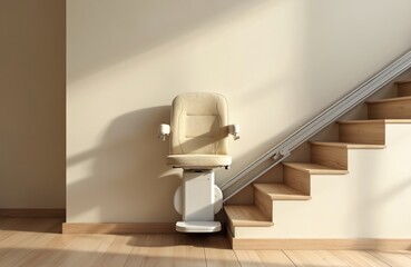 Disability chair stair lift on staircase for people mobility in house. Electric device helps elderly, disabled with physical therapy. Elevator equipment, home safety, modern design, accessible