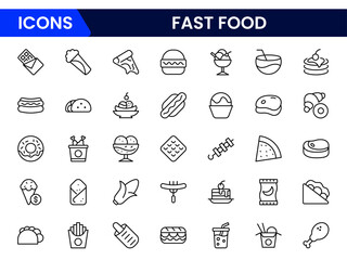 Fast food web icon set in line style. Pizza, chips, burger, french fries, hot dog, collection. Vector illustration.