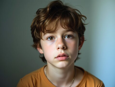 Portrait of pensive preteen boy looking with sad and serious expression