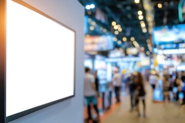 Blank advertisement space in busy trade show with blurred attendees