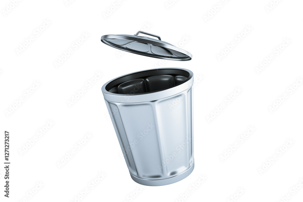 Poster silver metal trash can with an open lid, isolated on a white background. 3d rendering. waste managem