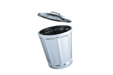 Silver metal trash can with an open lid, isolated on a white background. 3D Rendering. Waste...