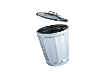 Silver metal trash can with an open lid, isolated on a white background. 3D Rendering. Waste management and recycling concept