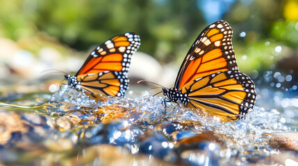 Obraz premium Monarch butterflies drinking water, nature, stream, summer