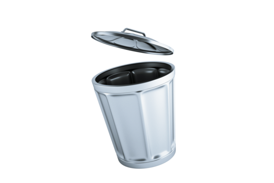 Silver metal trash can with an open lid, isolated on a white background. 3D Rendering. Waste management and recycling concept