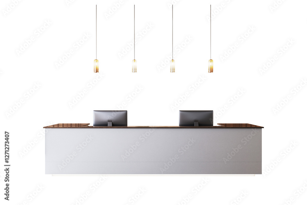 Poster Minimalist reception desk with two computers and pendant lights, isolated on white background. Clean design concept for office or hotel layout. 3D Rendering.