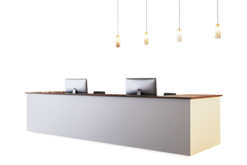 Modern reception desk with two monitors and pendant lights, isolated on a white background. Clean and professional office furniture layout. 3D Rendering.