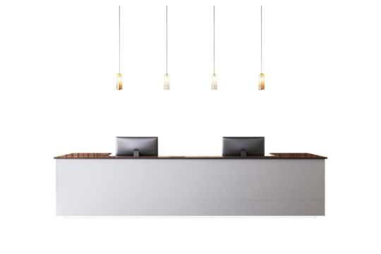 Minimalist reception desk with two computers and pendant lights, isolated on white background. Clean design concept for office or hotel layout. 3D Rendering.