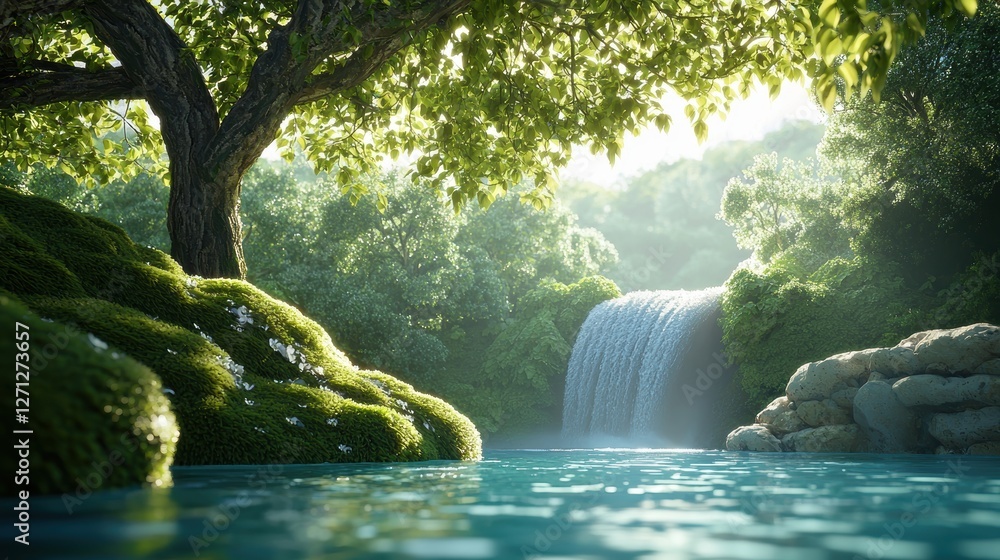 Poster sunlight filters through the trees, illuminating a majestic waterfall cascading down moss covered ro
