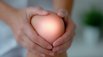 Close-up of hands holding a glowing knee to indicate joint pain and healing