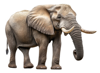 Obraz premium A majestic African elephant stands against a black background, showcasing its massive size, wrinkled skin, large ears, and curved tusks.