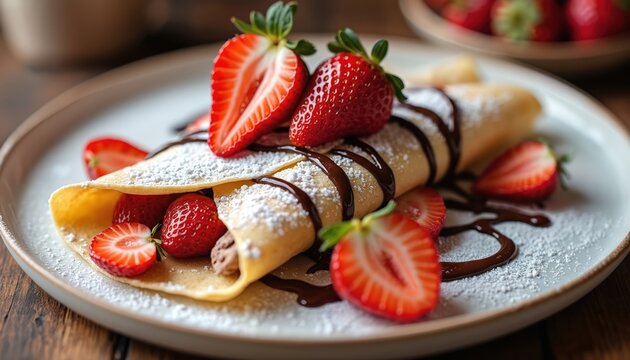 Classic french crepe filled with chocolate cream, fresh strawberries served on plate. Delicious thin pancake dessert or breakfast garnished with powder sugar, syrup. Gourmet pastry dish with fruits. - Powered by Adobe