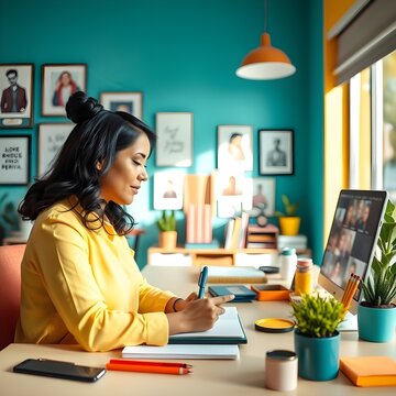 "Una mujer hispana en un espacio de trabajo brillante y organizado, tomando notas durante una videoconferencia."
