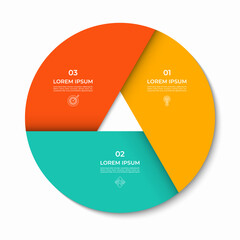 Vector infographic circle divided into 3 sections, parts. Cycle diagram with 3 options. 3-step round chart. Can be used for presentations, reports, brochures, visualizing data, marketing materials.