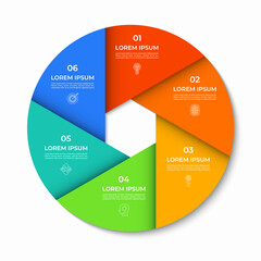 Vector infographic circle divided into 6 sections, parts. Cycle diagram with 6 options. 6-step round chart. Can be used for presentations, reports, brochures, visualizing data, marketing materials.