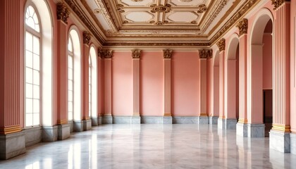 Obraz premium An interior room with pink walls and white marble floors, featuring tall arched windows and ornate gold molding.