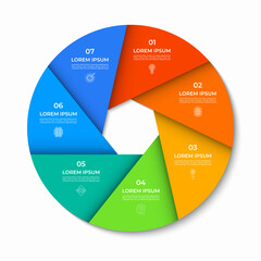 Vector infographic circle divided into 7 sections, parts. Cycle diagram with 7 options. 7-step round chart. Can be used for presentations, reports, brochures, visualizing data, marketing materials.