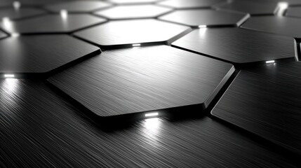 Abstract Hexagonal Metal Background: Dark Brushed Steel Texture with Glowing Edges