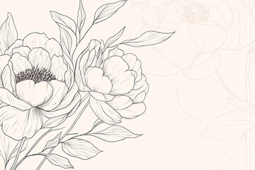 Peony flower and leaves line drawing. Hand drawn outline floral set.