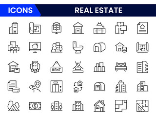 Real Estate minimal thin line web icon set. Included the icons as realty, property, mortgage, home loan and more. Outline icons collection. Simple vector