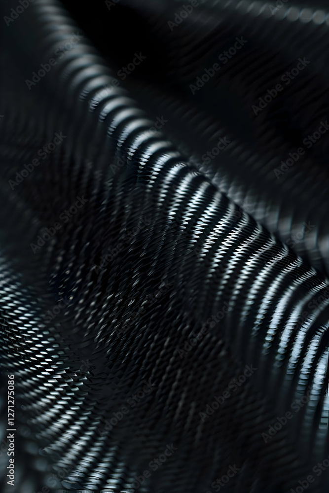 Poster close-up view of textured black fabric showcasing intricate wave patterns and depth